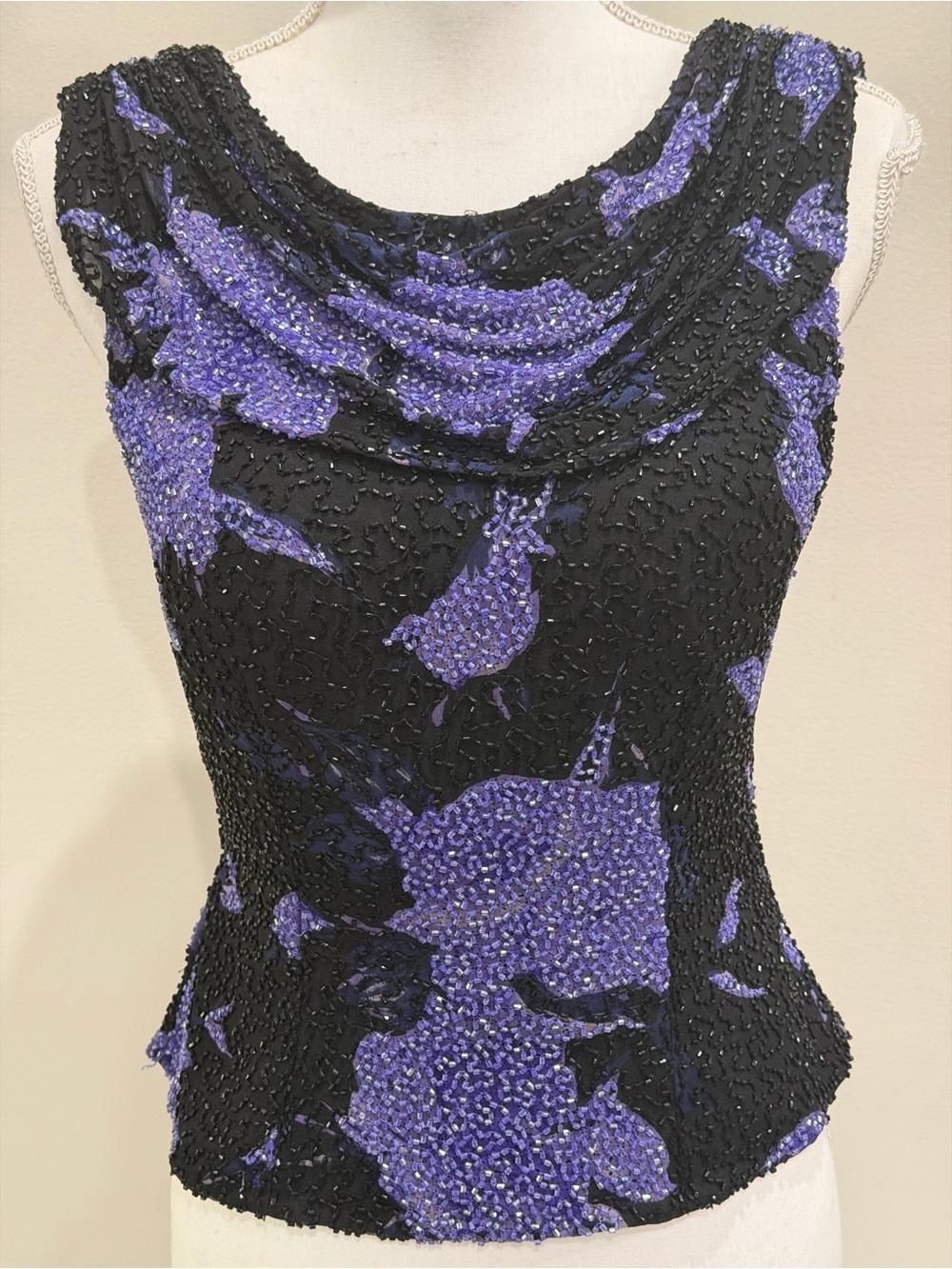 Vtg Sean Collection Top Sz S Beaded Silk Corset Style Black Purple Build In Bra